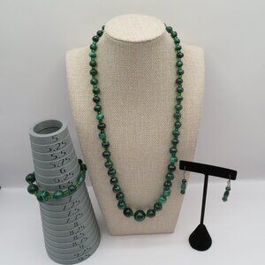 Vintage Green Malachite and Glass Beaded Necklace Bracelet Earrings Set